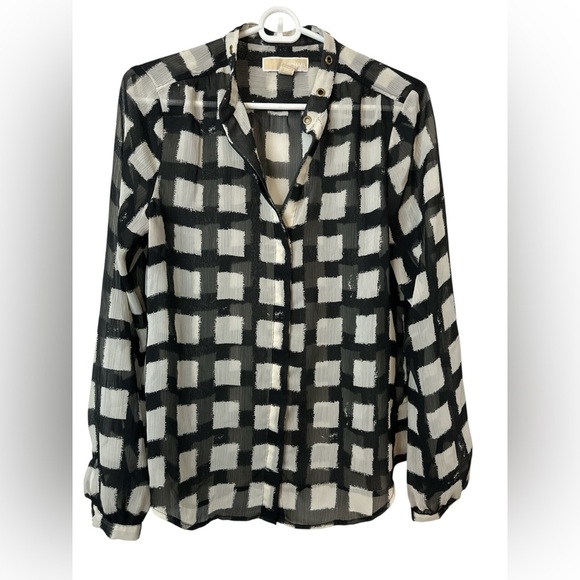 Michael Michael Kors Button Down Long Sleeve Sheer Black White Checker Blouse - Picture 1 of 5